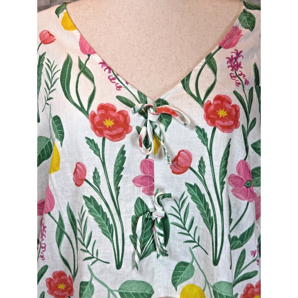 Rachel Zoe Linen Blend Lemon Floral Tunic Top 3X Tie Front Scallop Hem - Picture 3 of 12